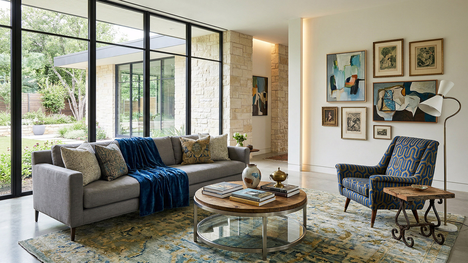 An inviting modern living room featuring a gray sofa with a blue throw, a patterned rug, a geometric armchair, a gallery wall of art, and large black-framed windows looking out onto a lush backyard.