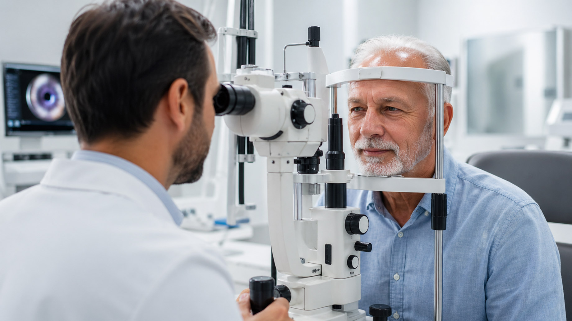 Ophthalmologist examining an older patient with a slit lamp in a bright modern eye clinic.