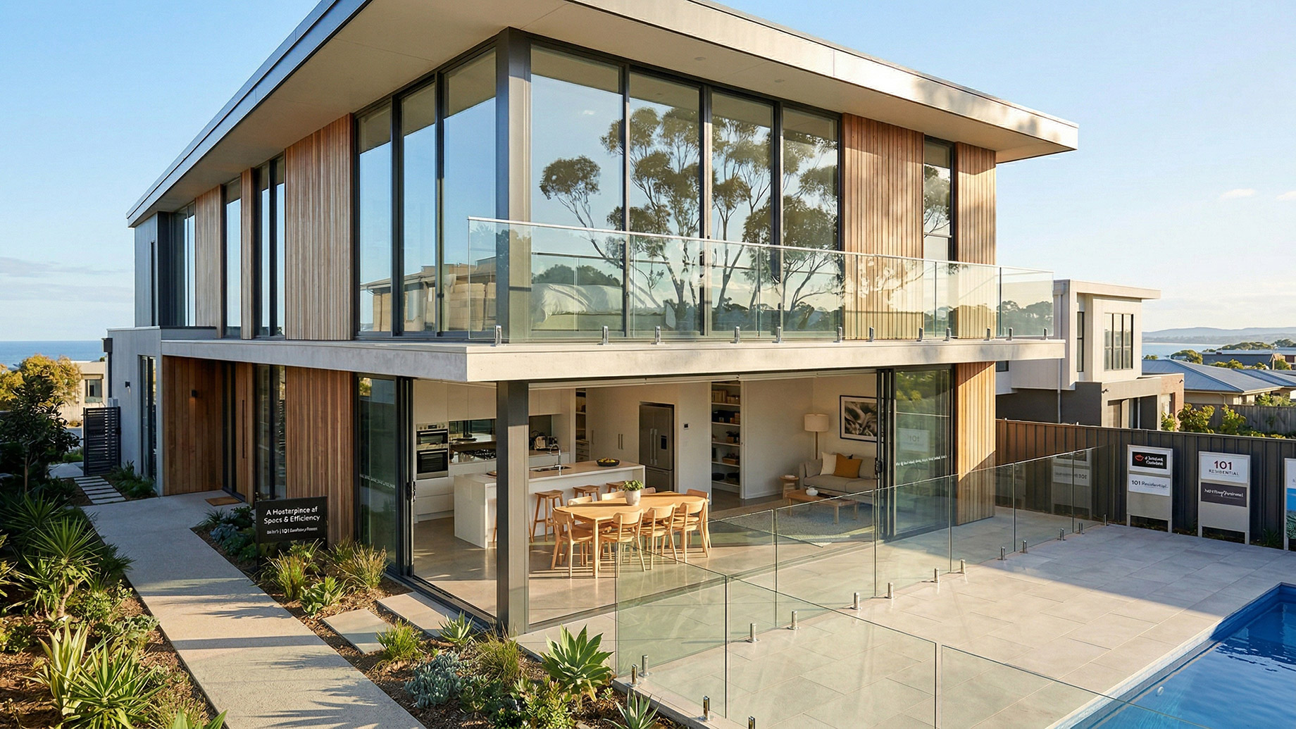 Elevated exterior view of a modern two-story coastal home with extensive glass walls and wood cladding. A wrap-around glass balcony is on the upper level, and an open-plan kitchen/living area is visible below. A private swimming pool with a frameless glass fence is in the foreground, with the ocean and coastline in the background.
