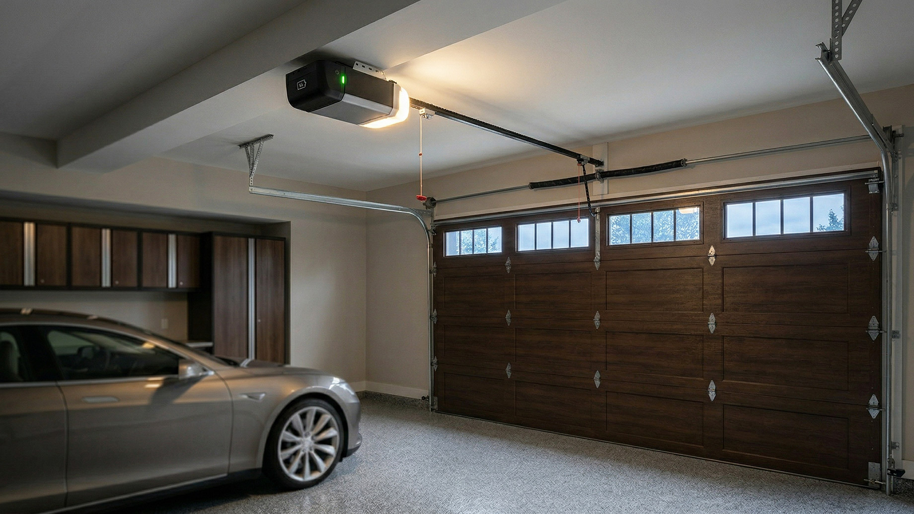 A clean, modern garage interior featuring a closed dark wood-paneled garage door, a silver luxury car, and a prominent ceiling-mounted garage door opener with a glowing green battery indicator light.