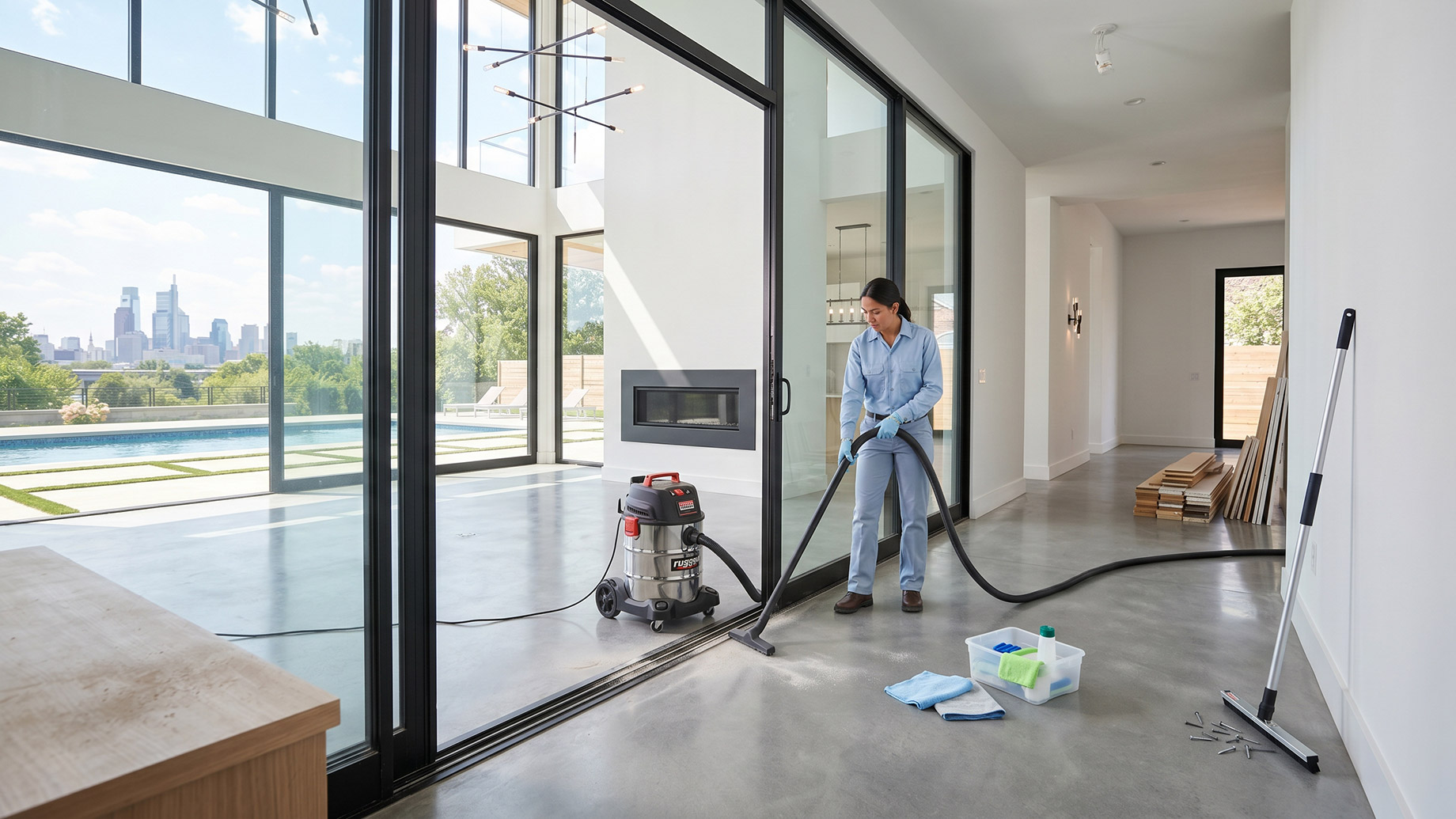 A woman in work clothes vacuums the track of a modern sliding glass door in a house with a concrete floor. Beyond the large windows, a city skyline and pool are visible. Cleaning supplies and construction lumber are on the floor.