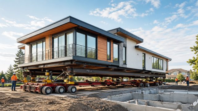 Modern house elevated on steel beams and hydraulic equipment during a professional house relocation project.