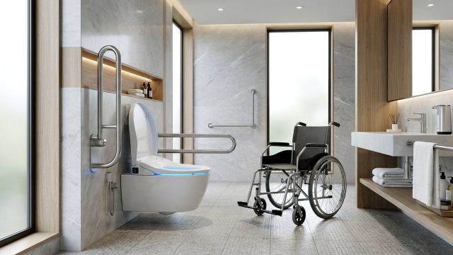 A modern, wet-room-style accessible bathroom in a luxury hotel, featuring a wall-mounted smart toilet with a glowing blue bowl, a manual wheelchair, and several grab bars against a backdrop of light wood and natural stone walls.
