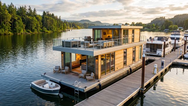 A high-end floating home featuring an expansive upper deck with lounge furniture, moored on a calm river during golden hour.
