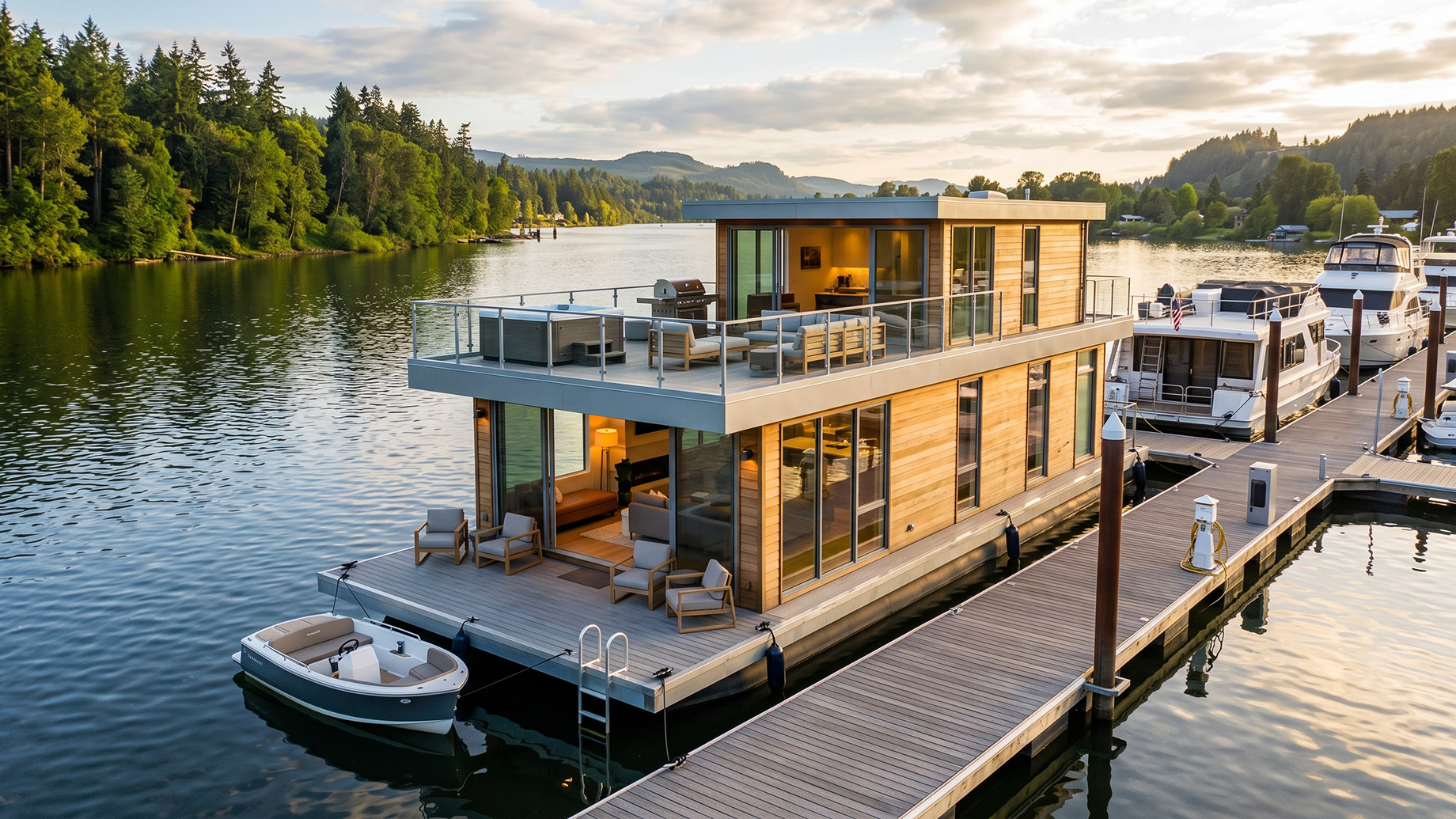A high-end floating home featuring an expansive upper deck with lounge furniture, moored on a calm river during golden hour.