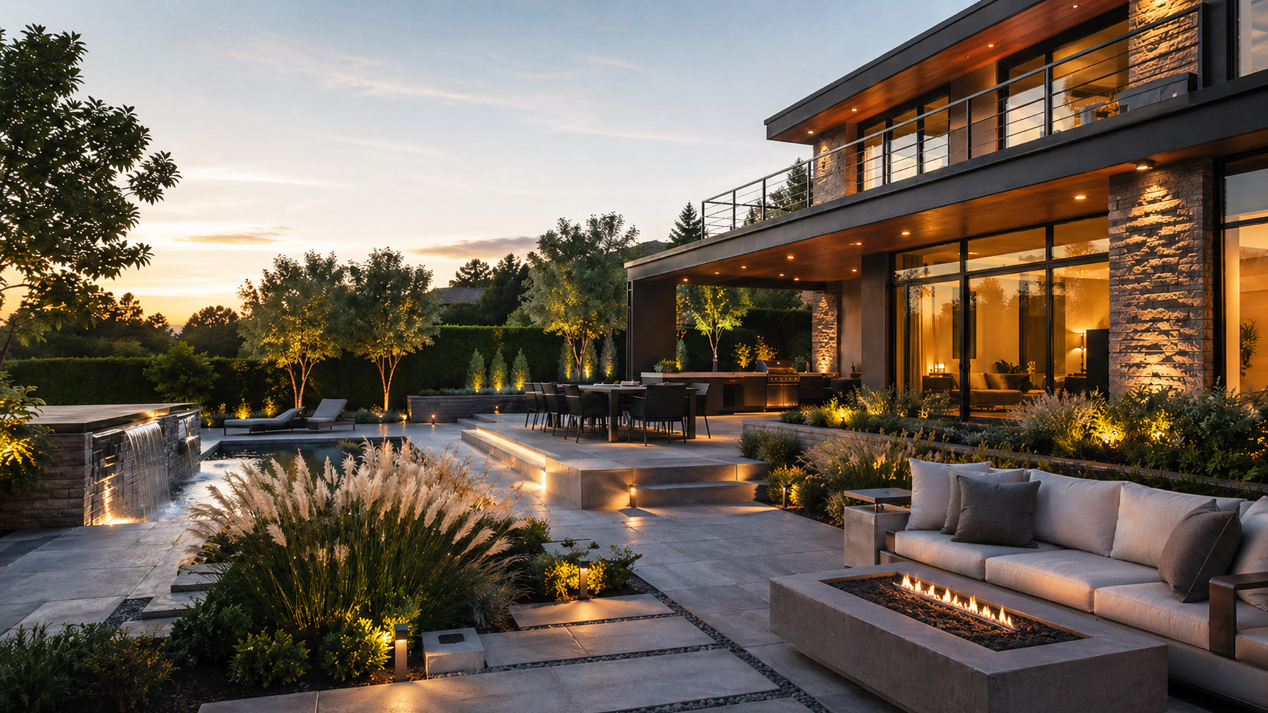 Modern luxury home with a landscaped outdoor living space, patio seating, fire pit, dining area, pool, and garden lighting at dusk.