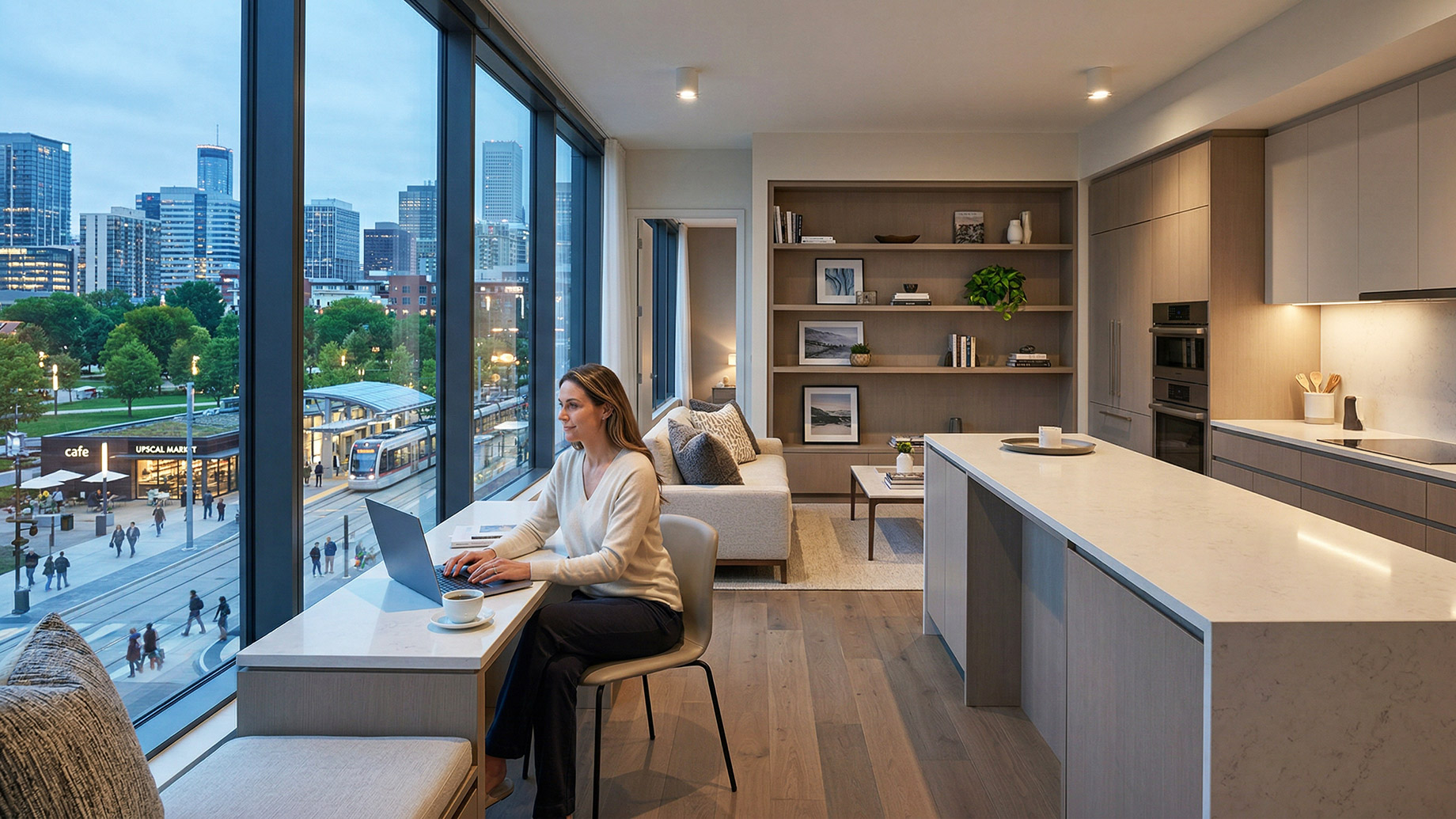 A professional woman works on a laptop by a large window in a modern luxury apartment, overlooking a city park, cafe, and public transit tram.