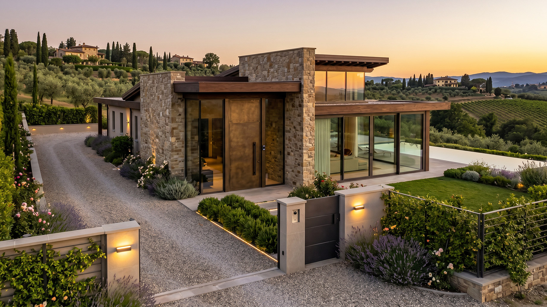 A modern Tuscan luxury villa at dusk featuring a massive bronze entrance, large glass panels, a pool, and manicured landscaping, set against rolling vineyards and olive groves under a golden-orange sky.
