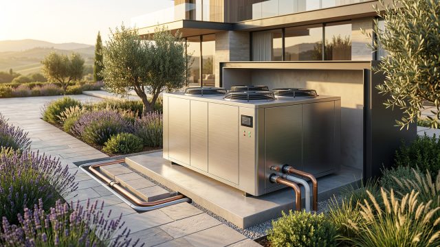 A large, stainless steel HVAC chiller unit with four top-mounted condenser fans sits on a concrete pad outside a modern luxury home. Insulated white and copper pipes connect the unit to the ground. The chiller is surrounded by elegant landscaping, including lavender bushes and olive trees, with a scenic sunset over rolling hills in the background.