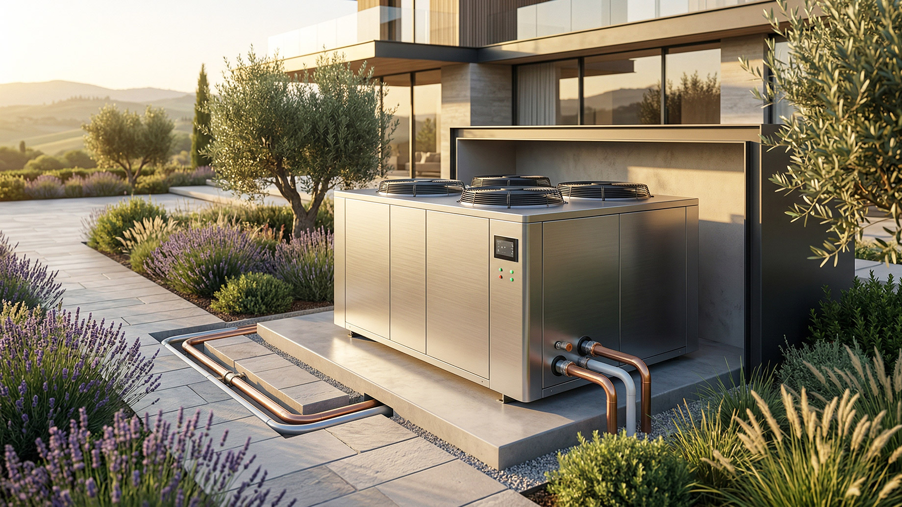 A large, stainless steel HVAC chiller unit with four top-mounted condenser fans sits on a concrete pad outside a modern luxury home. Insulated white and copper pipes connect the unit to the ground. The chiller is surrounded by elegant landscaping, including lavender bushes and olive trees, with a scenic sunset over rolling hills in the background.