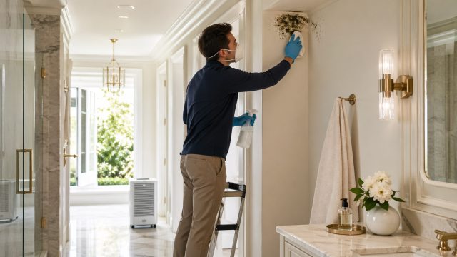 A homeowner wearing gloves and a mask cleans mold from an interior wall in a luxury bathroom hallway while a dehumidifier runs nearby.