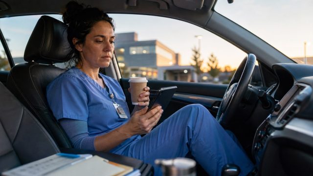 Tired nurse in blue scrubs sitting in a parked car at sunrise, holding coffee and checking mortgage information on a smartphone after a hospital night shift.