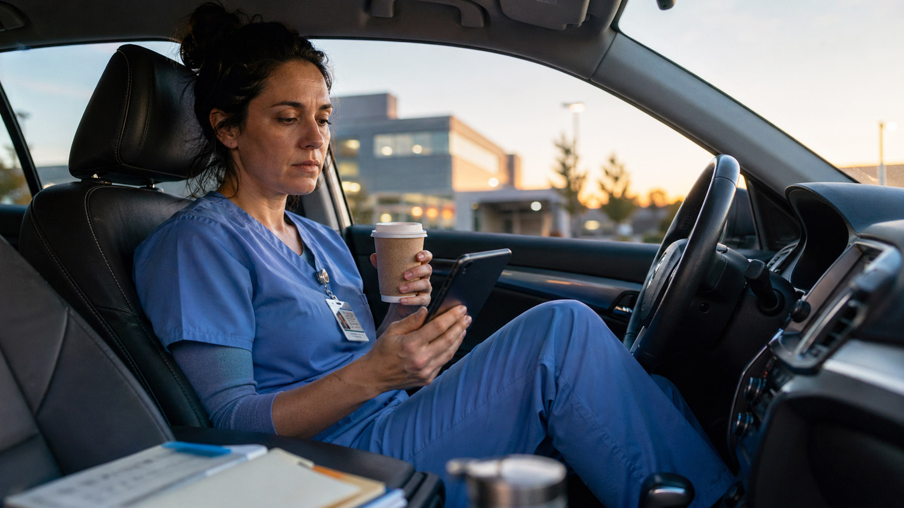 Tired nurse in blue scrubs sitting in a parked car at sunrise, holding coffee and checking mortgage information on a smartphone after a hospital night shift.