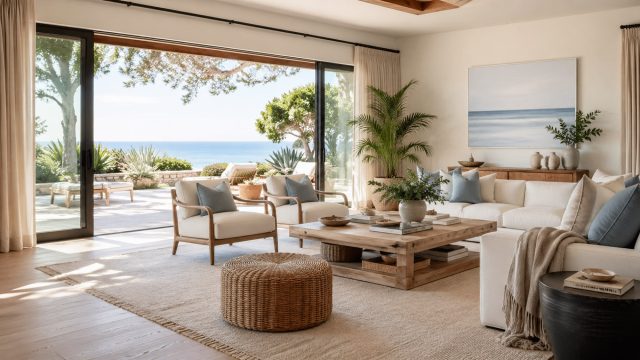 Airy luxury living room with large glass doors, natural textures, soft neutral tones, plants, and a view of the outdoor terrace and ocean.
