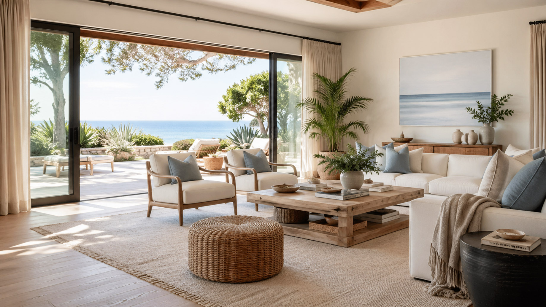 Airy luxury living room with large glass doors, natural textures, soft neutral tones, plants, and a view of the outdoor terrace and ocean.