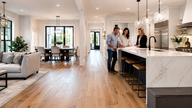 Three people review renovation plans at a kitchen island inside a bright open-concept luxury home with wide plank flooring.