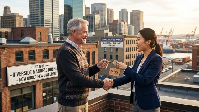 An older man with grey hair and a younger woman in a blazer shaking hands on a brick rooftop while exchanging a key with a wooden tag. The background features older industrial brick buildings, a modern glass skyscraper skyline, and a busy shipping port at sunset.