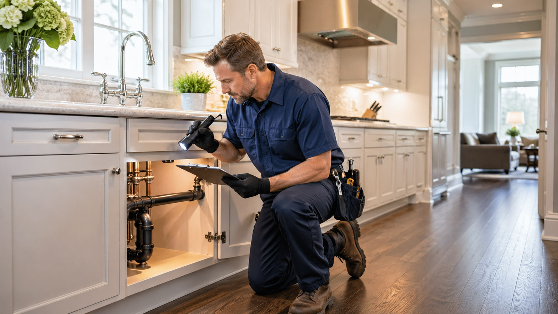 Plumber inspecting under-sink pipes with a flashlight and clipboard inside a bright upscale kitchen.
