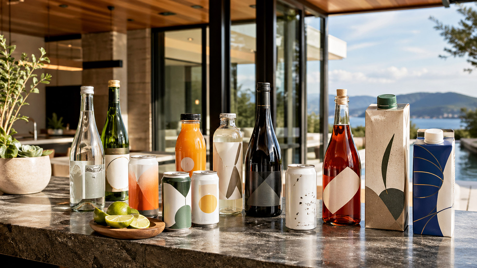 Assorted premium beverage bottles, cans, and cartons with minimalist packaging arranged on a stone counter in a luxury modern home.