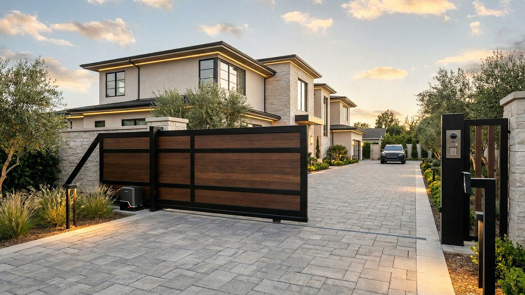 A partially open automatic sliding driveway gate featuring a black metal frame filled with solid horizontal wood planks. The gate slides on a ground track across a paved stone driveway. To the right is a modern black intercom and keypad pedestal, and to the left sits the gate's electric motor. In the background, a large, well-lit luxury house with light stone accents and a parked car are visible under a warm twilight sky.