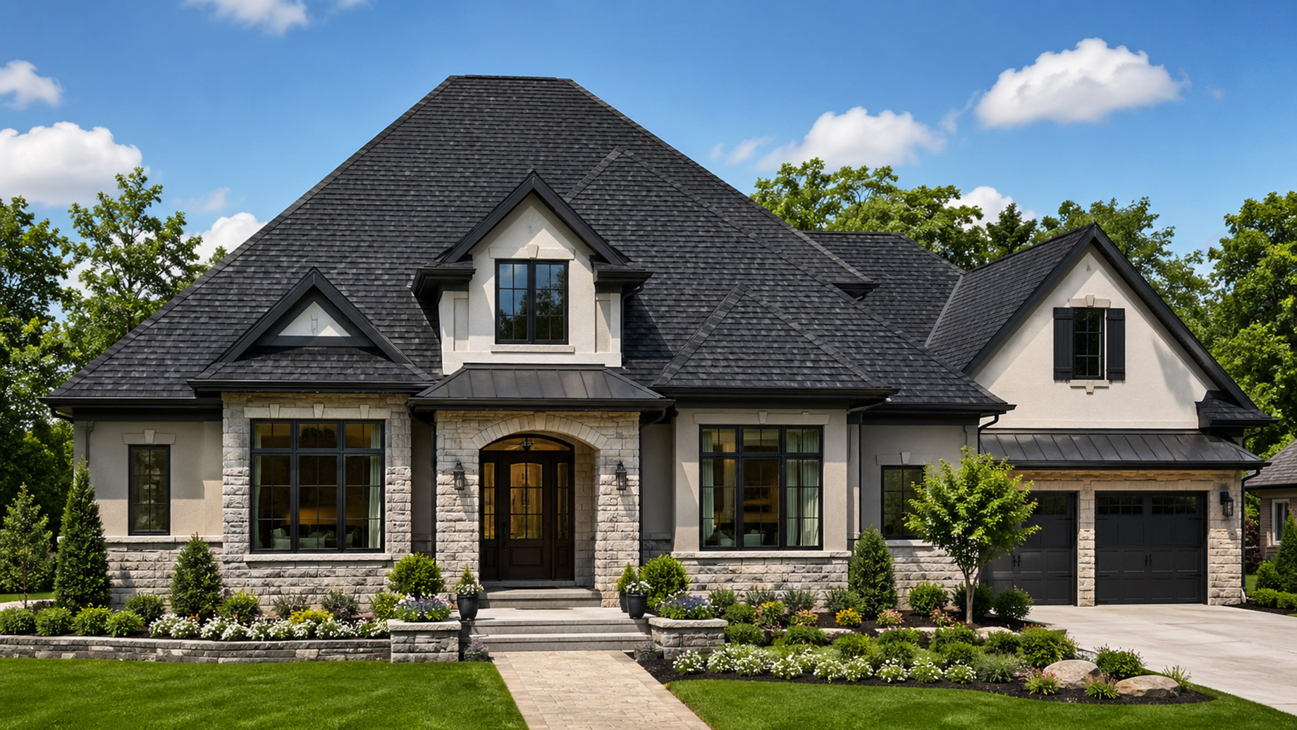 Luxury suburban home with a dark premium roof, stone facade, manicured landscaping, and strong curb appeal on a sunny day.