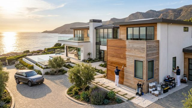 An elevated view of a large, multi-building modern two-story villa set on a coastal hillside. The sun is setting over the Pacific Ocean, which stretches to rugged mountains. White walls, extensive glass, and a large volume of horizontal wood siding define the architecture. A silver luxury SUV is parked in the winding paved driveway. On the ground level, near maintenance equipment (pressure washer, buckets, carts), two men are actively engaged in property care. One man on a protective tarp uses a roller or brush to apply a treatment to the wooden siding. Another man works near a window holding cleaning supplies. The landscaping features native plants and an infinity pool on a terrace with glass railings.