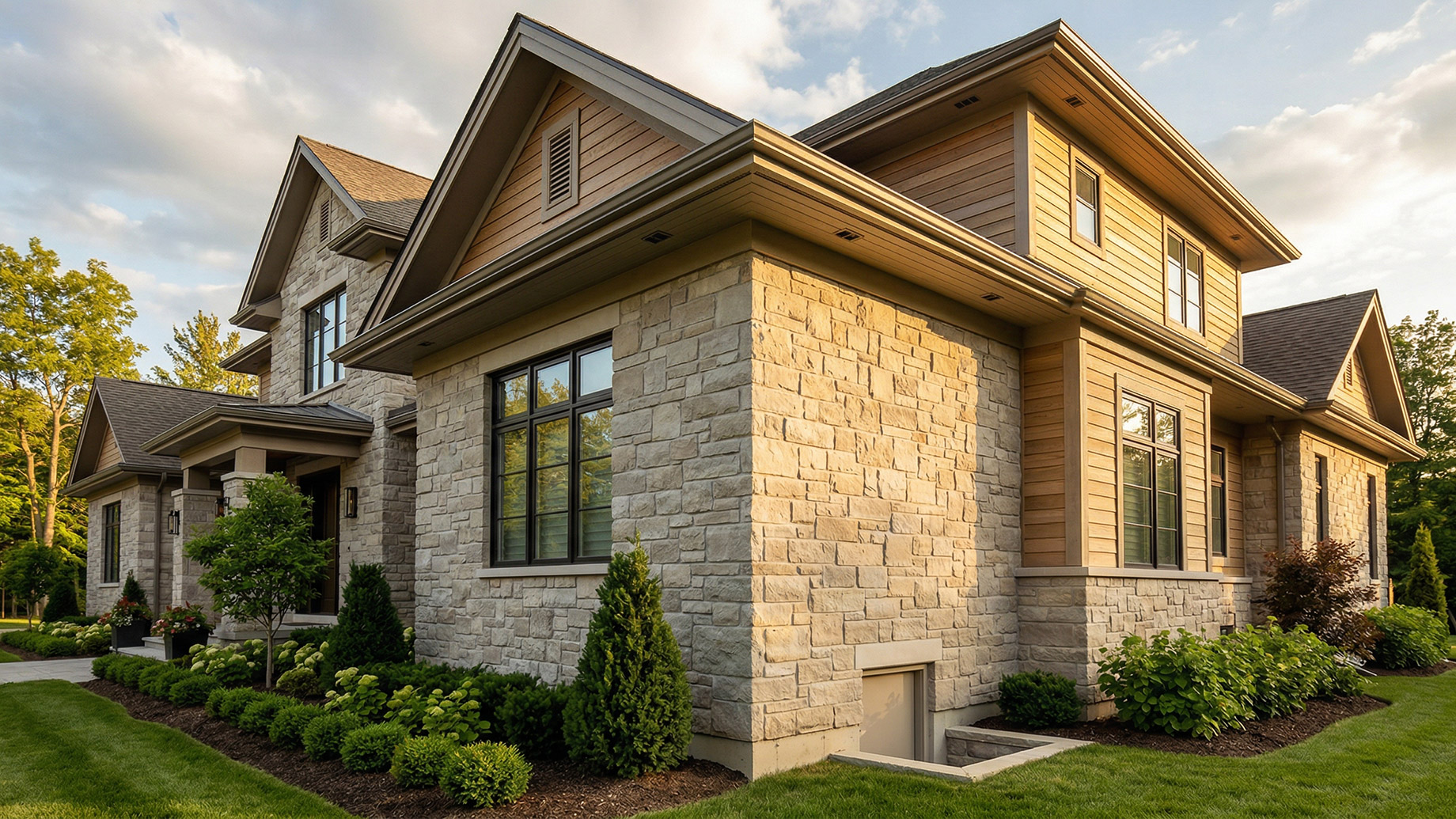 A large, multi-story luxury home featuring a mix of light-colored stone and natural wood siding. The house is surrounded by a perfectly manicured green lawn and neatly trimmed landscaping bushes, bathed in warm, golden-hour sunlight.