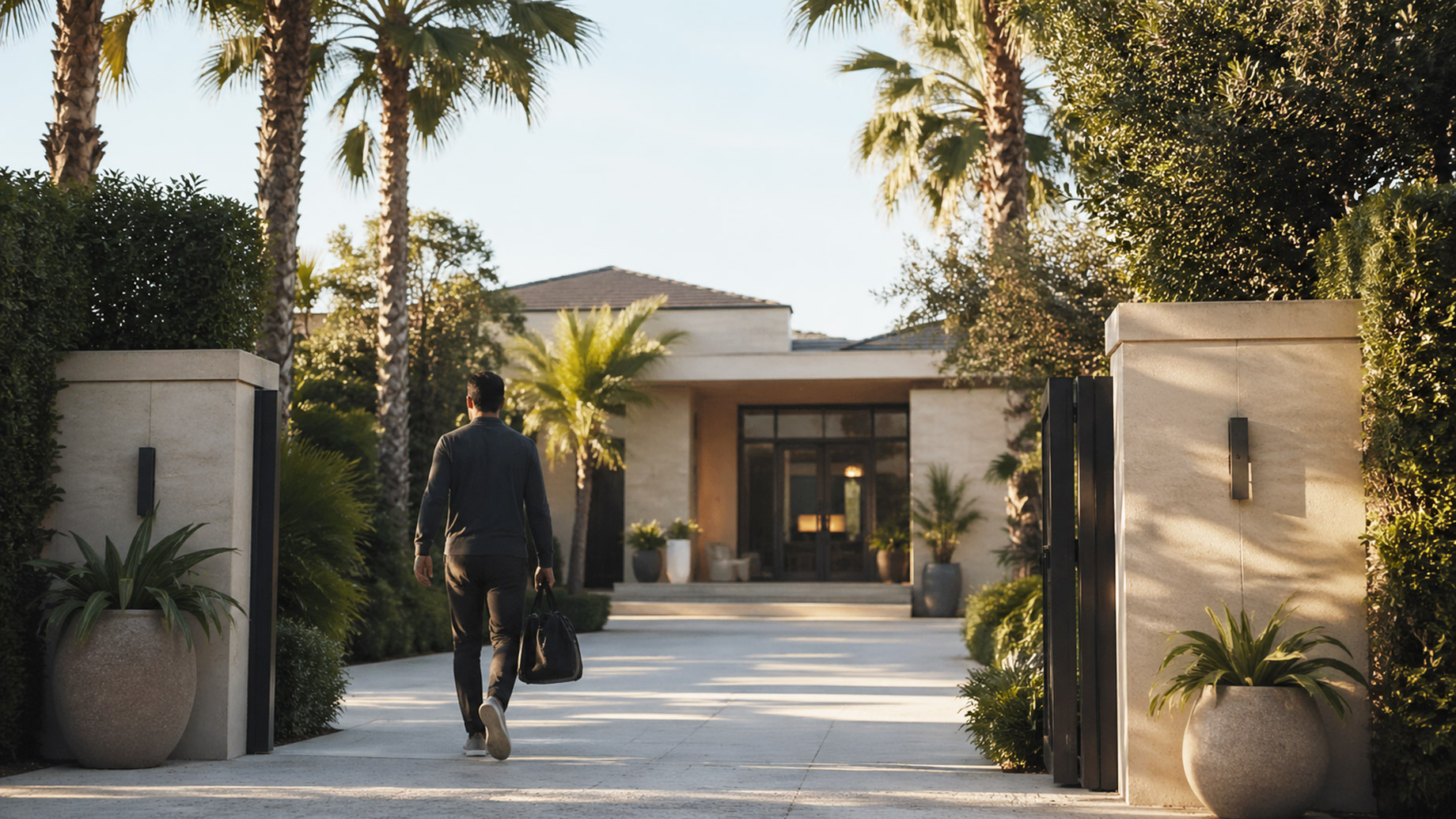 Discreet private detox facility with gated entrance, palm trees, privacy walls, and a person arriving with an overnight bag.