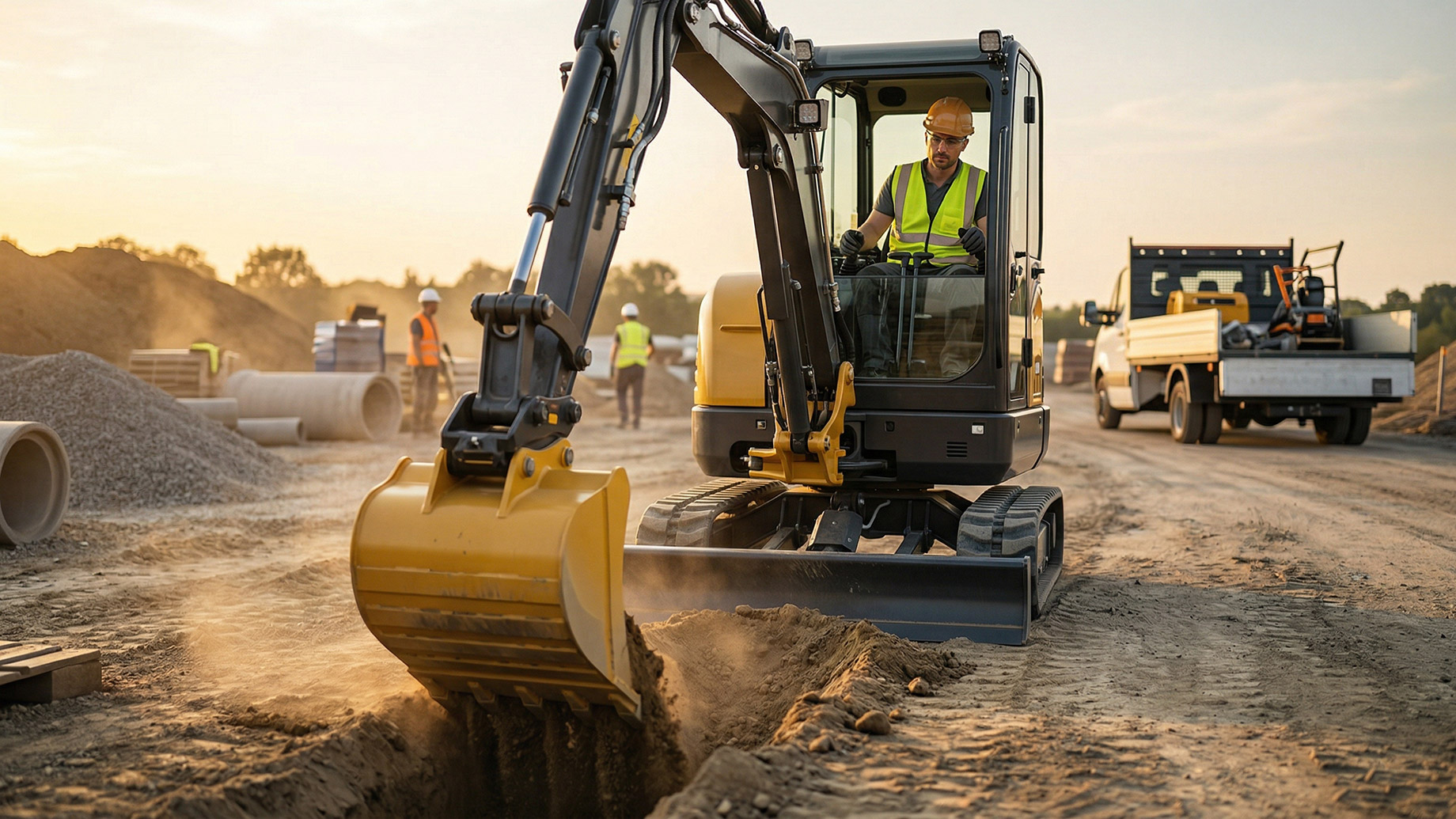 A construction worker wearing a hard hat and high-visibility vest operates a small yellow excavator to dig a trench on a dirt job site during golden hour. A flatbed truck and construction materials are visible in the background.