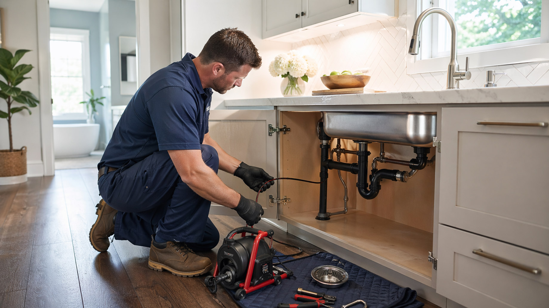 A plumber uses a drain cleaning machine under a kitchen sink in a bright modern home.