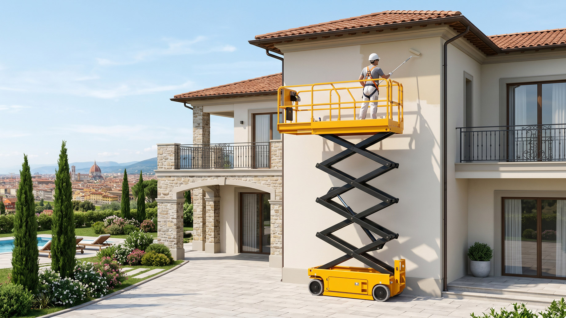 A worker wearing safety gear stands on an elevated yellow scissor lift platform, using a paint roller to paint the upper exterior wall of a luxury two-story house. A scenic view of Florence, Italy, is visible in the background