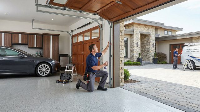 A garage door technician in a blue polo shirt kneels to inspect and lubricate the tracks of an open, wood-paneled garage door from inside a clean, modern garage. A dark grey luxury sedan is parked to the left. Outside in the paved driveway, a white service van and a second technician stand in front of a large stone-and-stucco house.