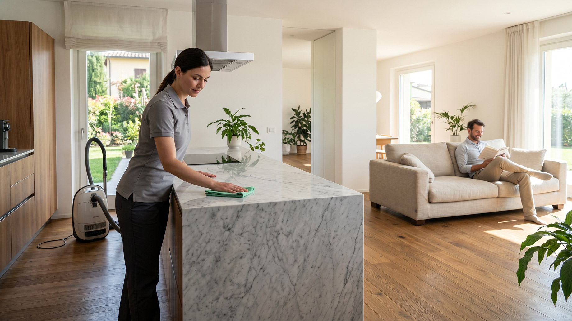 A professional cleaner in a grey polo shirt wipes a marble kitchen island with a green cloth, while a man relaxes and reads a book on a light-colored sofa in the background of a bright, modern, open-plan home.
