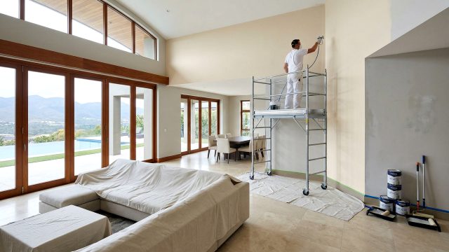 A professional painter on scaffolding uses a paint sprayer to apply paint to a high wall in a spacious, modern luxury home with large windows and views of a pool and mountains outside. Paint supplies are on the floor.