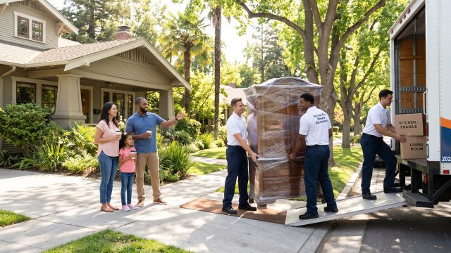 Three uniformed movers carefully load a shrink-wrapped wooden wardrobe onto a moving truck via a ramp, while another organizes boxes inside. A smiling family of three watches happily from the driveway of their suburban house.