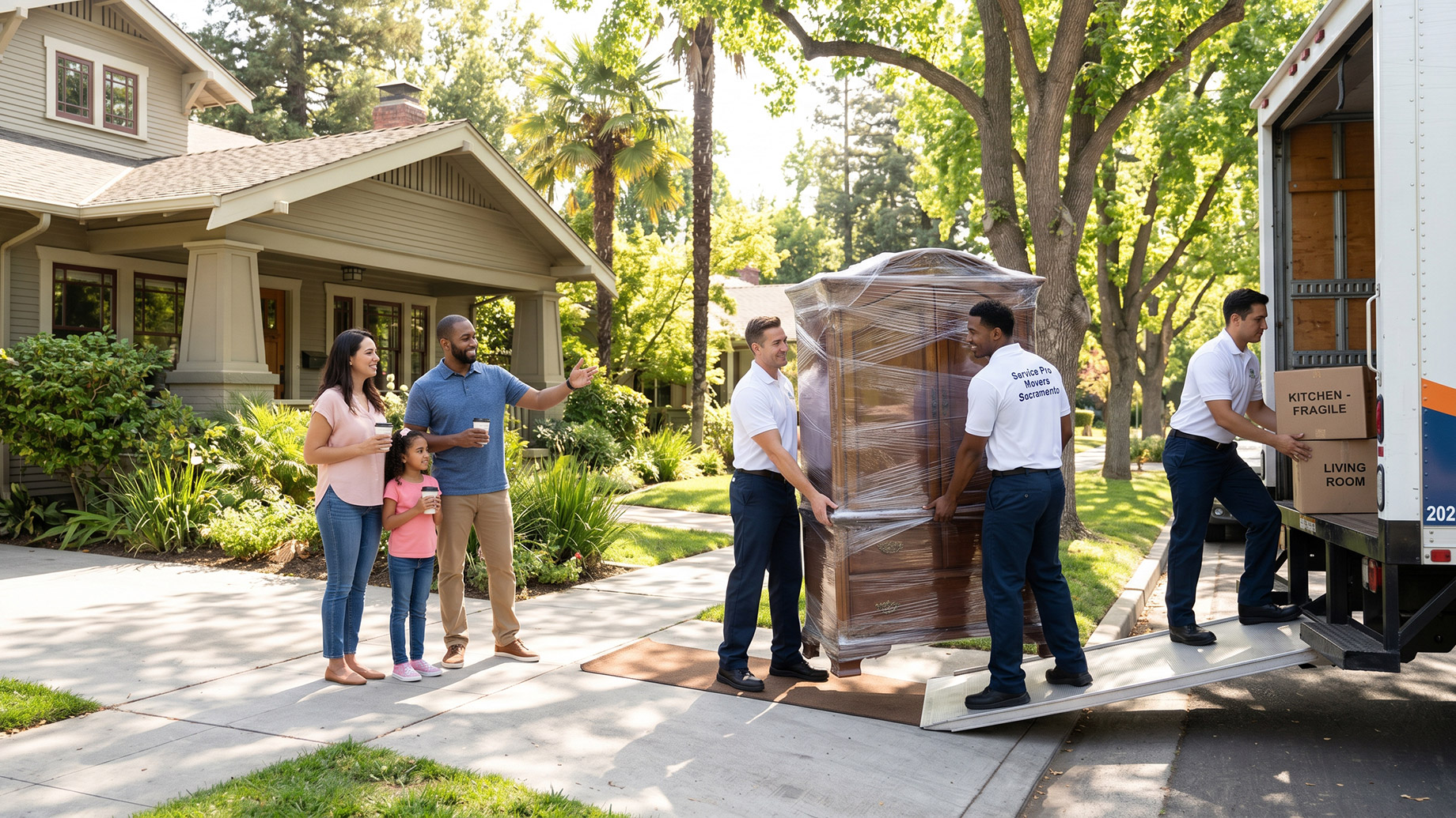 Three uniformed movers carefully load a shrink-wrapped wooden wardrobe onto a moving truck via a ramp, while another organizes boxes inside. A smiling family of three watches happily from the driveway of their suburban house.
