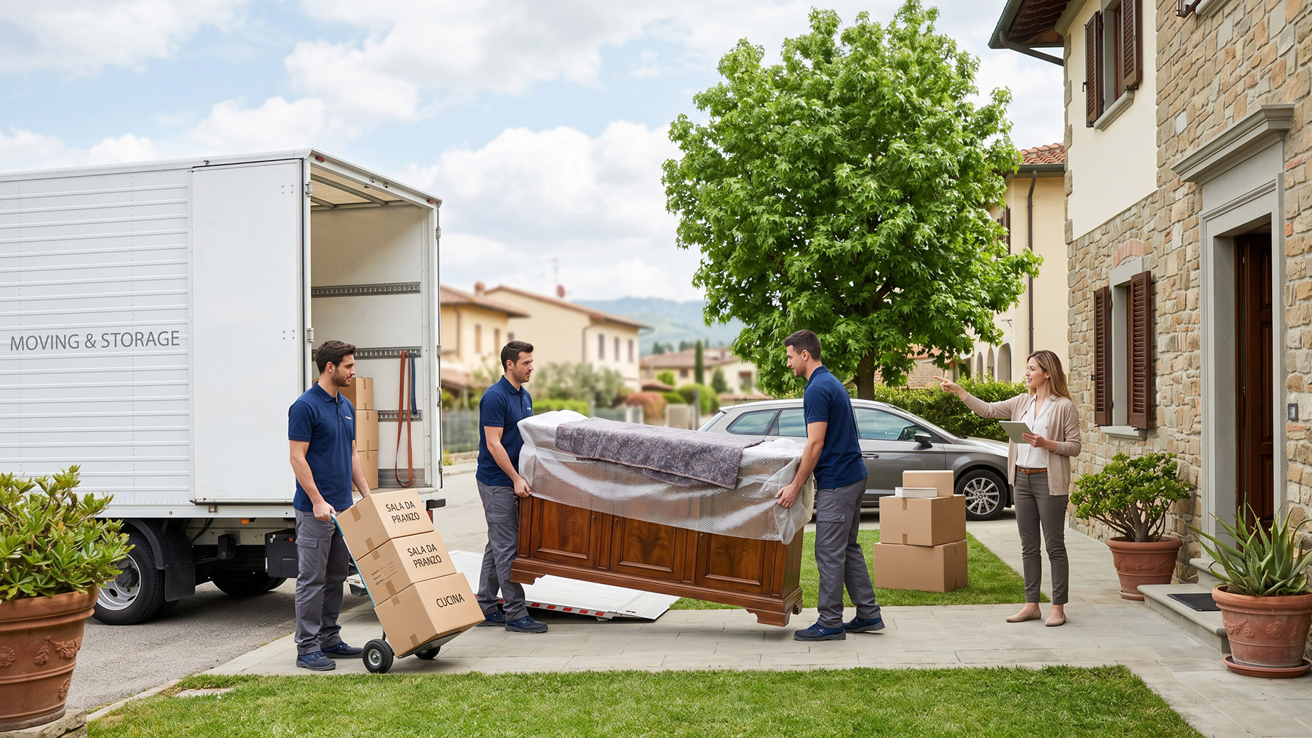 Three male movers in blue uniforms move a large, bubble-wrapped wooden dresser and a dolly with stacked labelled cardboard boxes into a large white moving truck. A woman stands to the right, supervising. The scene is outside a traditional Mediterranean stone house with potted plants, against rolling hills and a village under a cloudy sky.