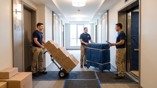 Three professional movers in uniform work in a modern apartment building hallway. One man pushes a dolly with stacked boxes, another pushes furniture wrapped in blue blankets, and a third with a clipboard stands near an open elevator.