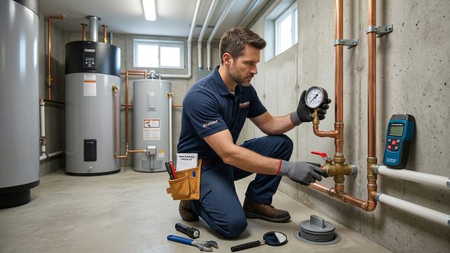A professional plumber in a blue uniform kneels in a utility room, inspecting a pressure gauge and shut-off valve on copper pipes, with water heaters in the background.