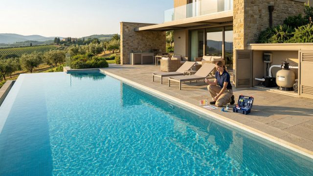 A female pool service technician kneels on a stone patio beside a clear, blue infinity pool, using a testing kit to check the water chemistry. Next to her, a built-in enclosure reveals a clean, well-maintained pool filtration and pump system. The luxurious outdoor space features lounge chairs, modern architecture, and a scenic view of rolling hills in the background.
