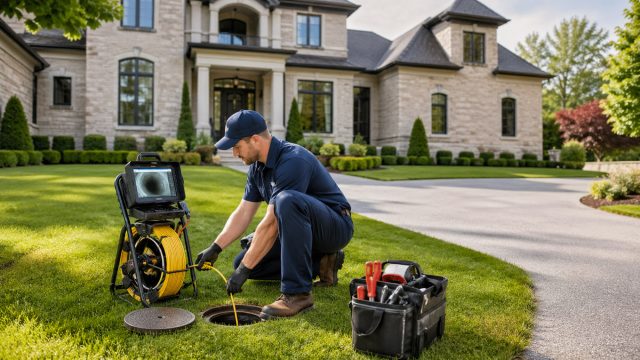 Sewer technician using camera inspection equipment near a cleanout access point on the lawn of a luxury home.