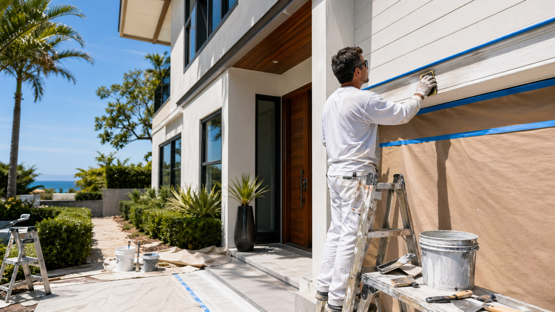 Painter sanding exterior trim on a luxury coastal home with masking tape, drop cloths, ladders, and painting tools prepared for an exterior repaint.