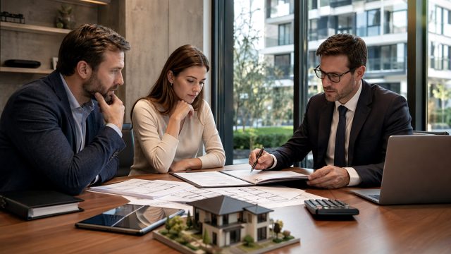 Three professionals review property contracts, plans, and financial documents around a conference table with a house model in a modern office.