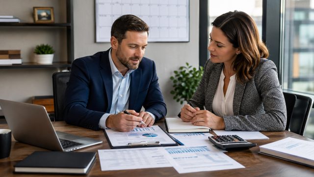 Business owner and tax advisor reviewing financial reports, charts, calculator, and planning documents in a modern office.