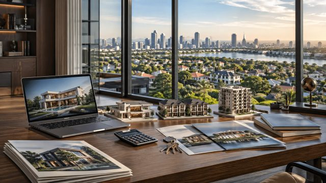 Luxury office desk with property models, real estate brochures, laptop, calculator, keys, and a city skyline view through large windows.