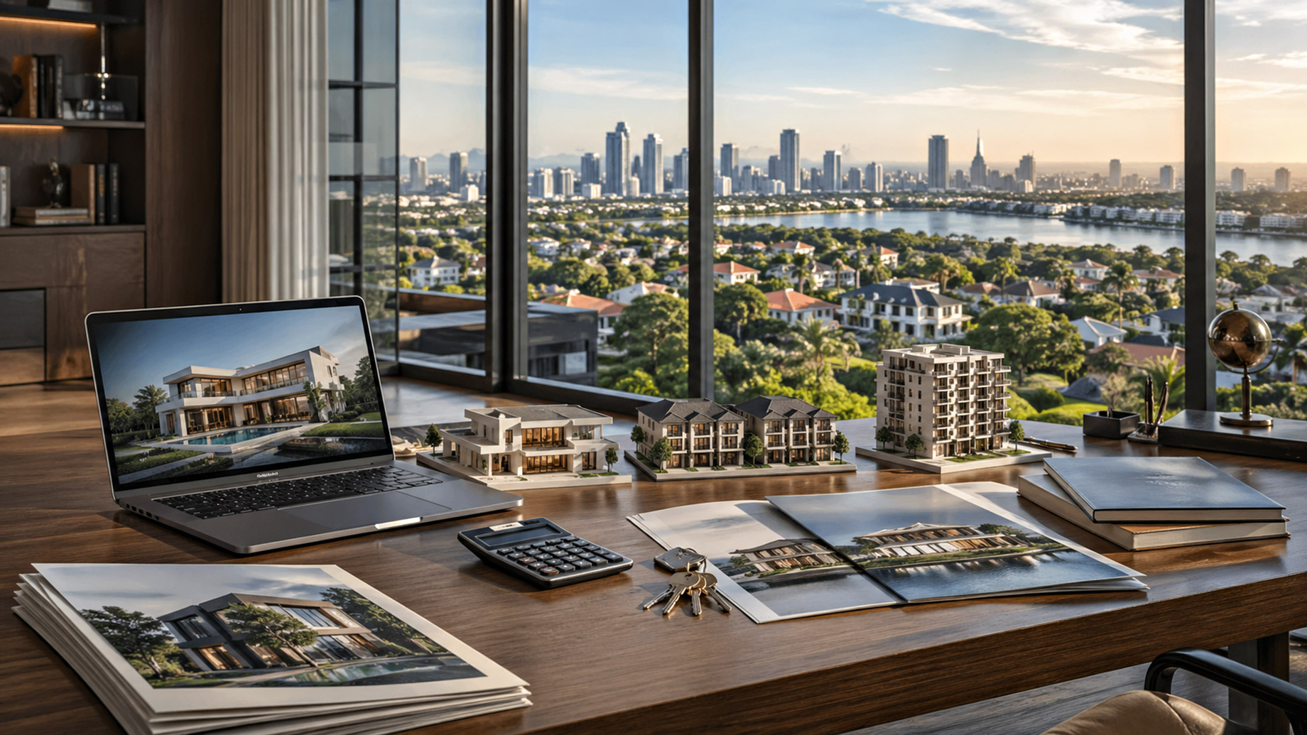 Luxury office desk with property models, real estate brochures, laptop, calculator, keys, and a city skyline view through large windows.