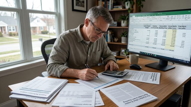A focused man sitting at a wooden desk in a home office, using a calculator and pen to review printed financial reports. A large computer monitor displaying a detailed spreadsheet is on the right, and a window looking out onto a residential street is on the left.