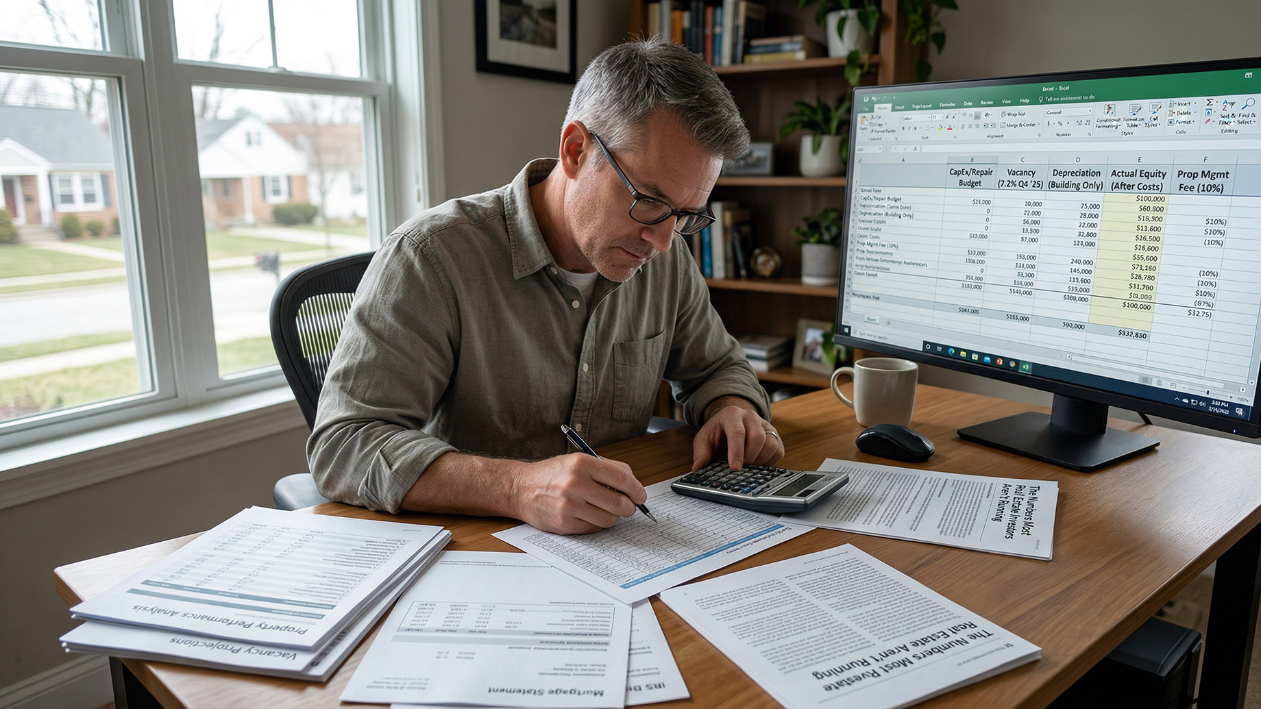 A focused man sitting at a wooden desk in a home office, using a calculator and pen to review printed financial reports. A large computer monitor displaying a detailed spreadsheet is on the right, and a window looking out onto a residential street is on the left.