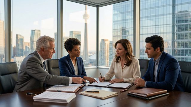 Real Estate Lawyers and Clients Negotiating a High-Value Property Deal in Toronto