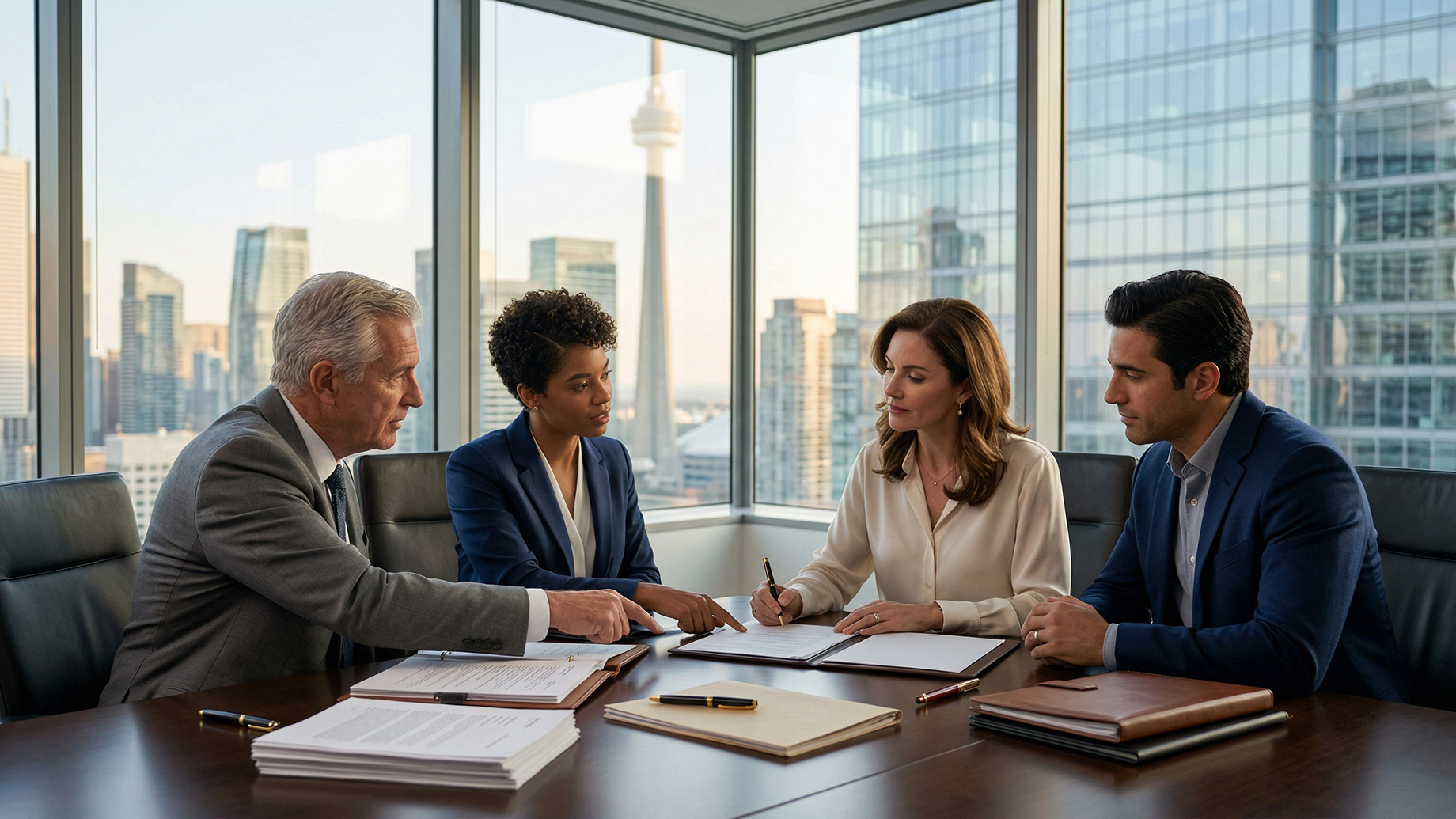 Real Estate Lawyers and Clients Negotiating a High-Value Property Deal in Toronto
